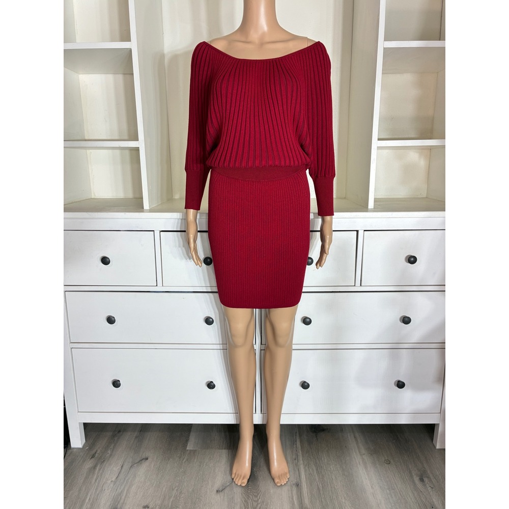 Cache Sweater Dress Women Size M Red Ribbed Knit Dolman Sleeve Mini Gold Buttons